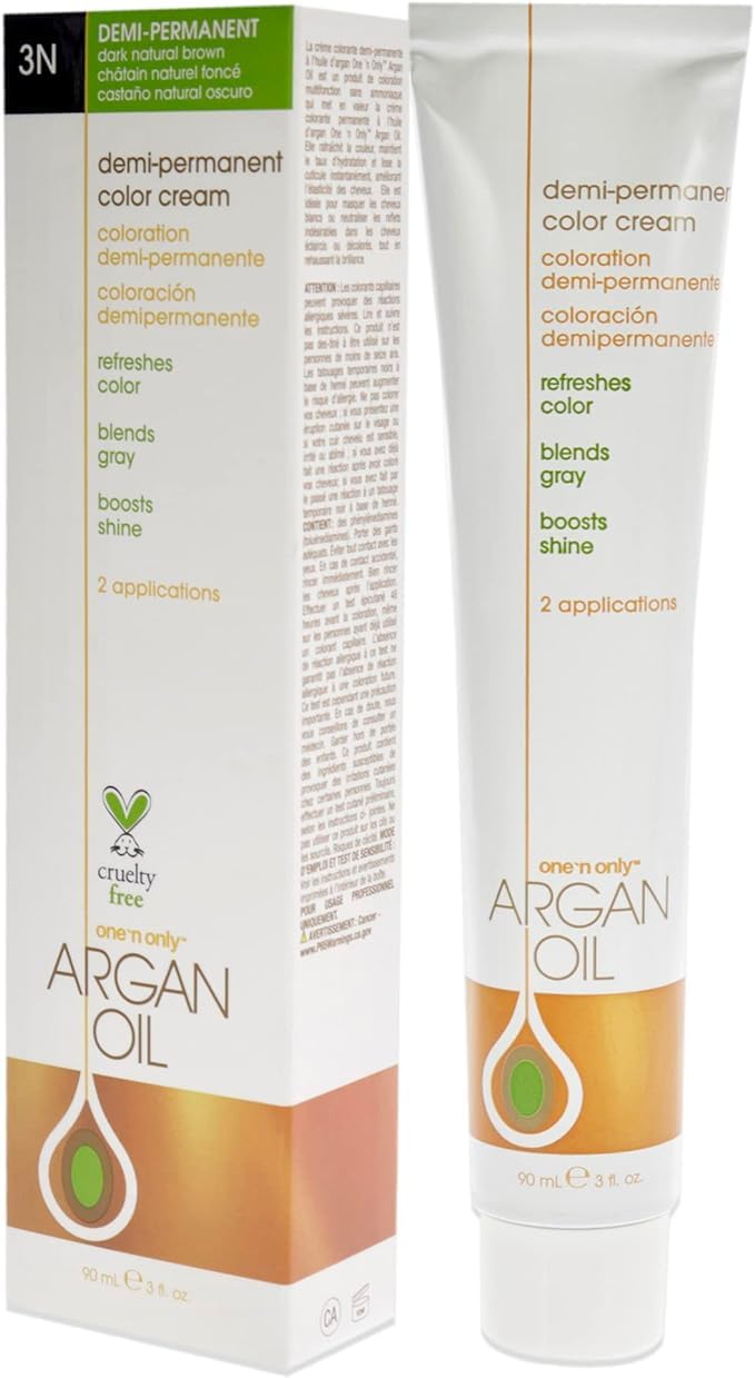 One N Only Demi Permanent Hair Color  Permanent Hair Dye Made with Argan Oil  Delivers Rich Accurate Tones with Gray Coverage  Improves Moisture  Elasticity  3N Dark Natural Brown 3 oz