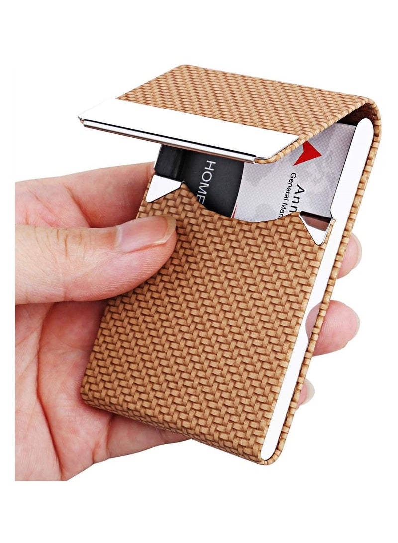 SYOSI Business Card Holder, Metal Business Name Card Case Luxury PU Leather Stainless Steel Multi Card Pocket, Name Card Wallet With Magnetic Closure For Women, Men (1 PCS, Bapricot)  - Image 1