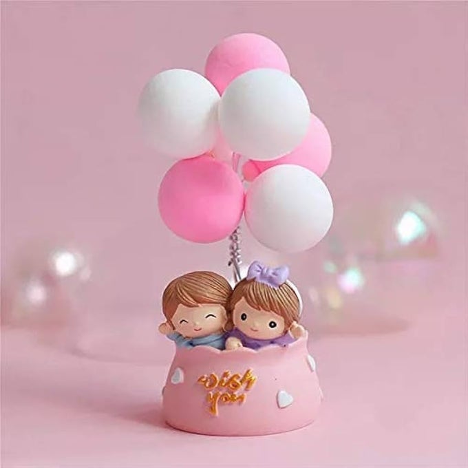 VALENTINE GIFT FOR GIRLFRIEND BOYFRIEND WIFE HUSBAND ROMANTIC COUPLE MINIATURE STATUE WITH BALLOONS IN POT DECORATIVE SHOWPIECE GIFT FOR HIM HER ANNIVERSARY WEDDING BIRTHDAY PINK