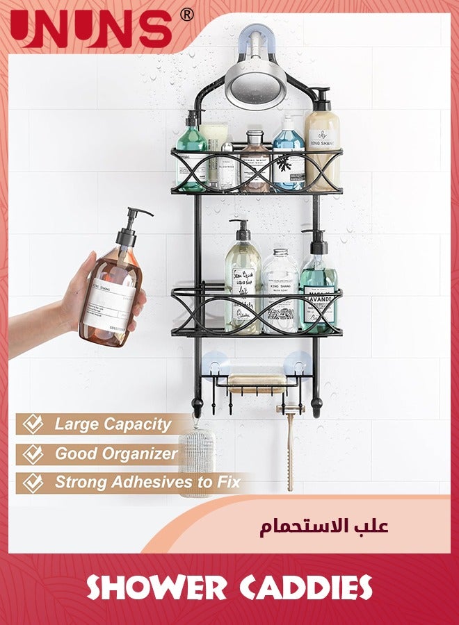 UNUNS حامل دش معلق، سلة دش علوية مع خطافات لشفرة الحلاقة والإسفنجة، منظم حمام معدني كبير مقاوم للصدأ للشامبو والبلسم وغسول الجسم والصابون، أسود  - Image 2
