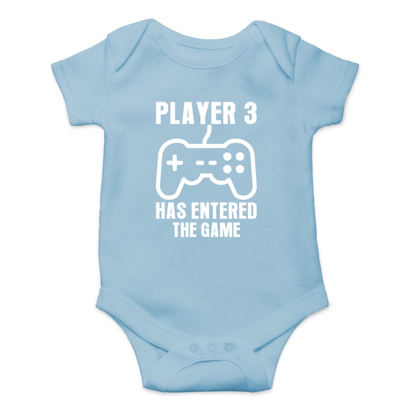 Crazy Bros Tees Player 3 Has Entered the Game Baby Bodysuit Funny Infant Boy Outfit Cute Unisex Comfy Humor 6 Months Light Blue