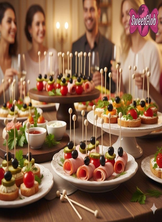 SweetGlob أعواد تقليب حلوى الصخور مع كرة، أعواد تقليب خشبية من الخيزران الطبيعي بطول 6 بوصات لحفلات أعياد الميلاد، الشوكولاتة، تزيين الكيك، أسياخ المقبلات (عبوة من 200 قطعة) - Image 3