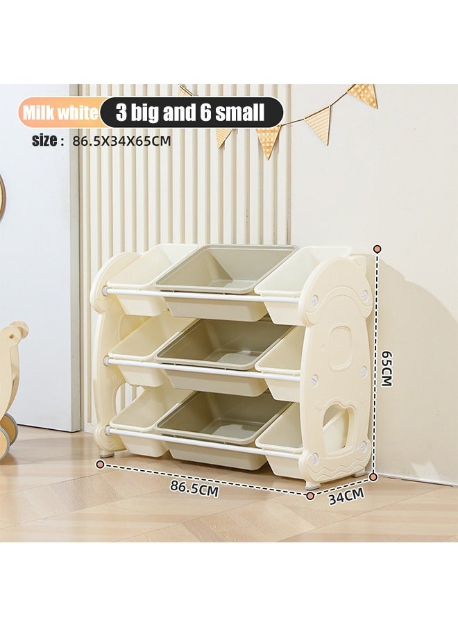 Beauenty Toys Storage Organizer- Cute 3 Layer Shelves (Milk white) Toys Collection Organizer, Kids Storage Box Shelf with (6 Small Drawers and 3 Big Bins) for Play in Bedroom Playroom - Image 1