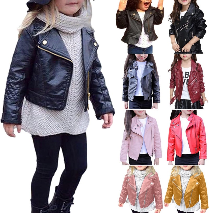 woobles Toddler Baby Boy Girl Kids Outfits Motorcycle Faux Leather Lapel Jackets Zipper Coat Winter Outwear for 3-13Y 7 Years Black - Image 1