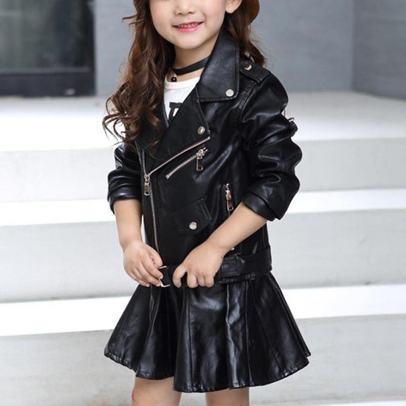woobles Toddler Baby Boy Girl Kids Outfits Motorcycle Faux Leather Lapel Jackets Zipper Coat Winter Outwear for 3-13Y 7 Years Black - Image 5