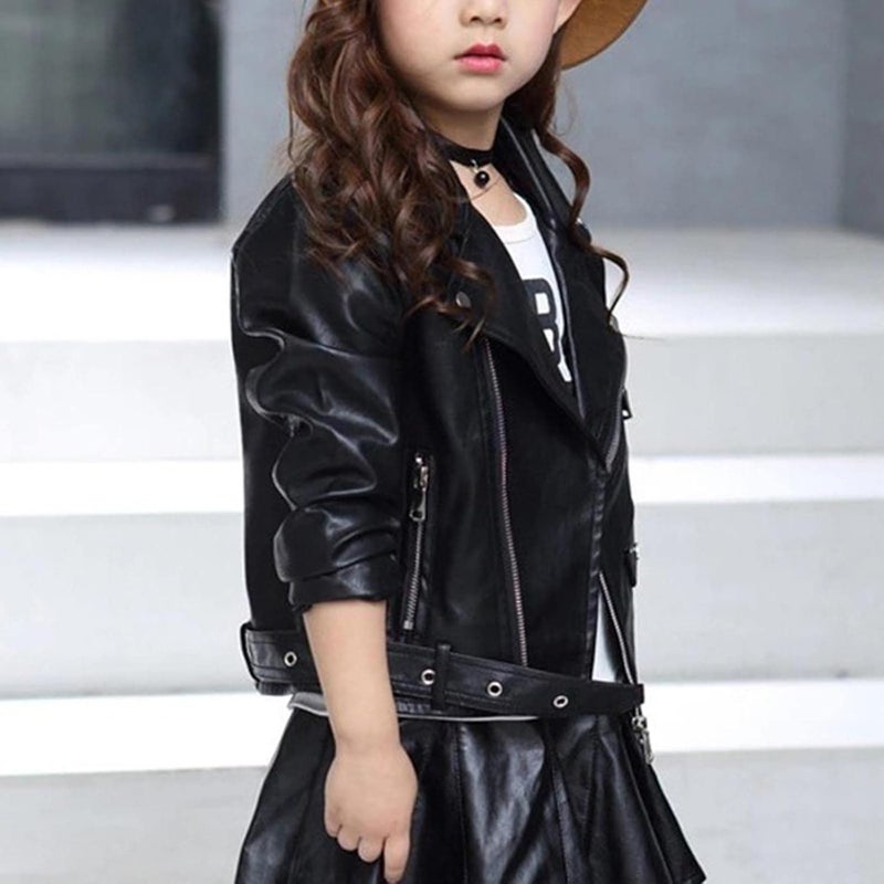 woobles Toddler Baby Boy Girl Kids Outfits Motorcycle Faux Leather Lapel Jackets Zipper Coat Winter Outwear for 3-13Y 7 Years Black - Image 2
