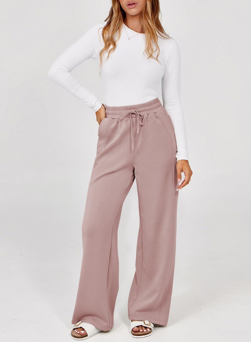 Dokotoo Womens Pants Fall Business Casual Palazzo Pants for Women Elastic Waisted Loose Straight Leg Ladies Trendy Pants Dusty Pink - Image 4