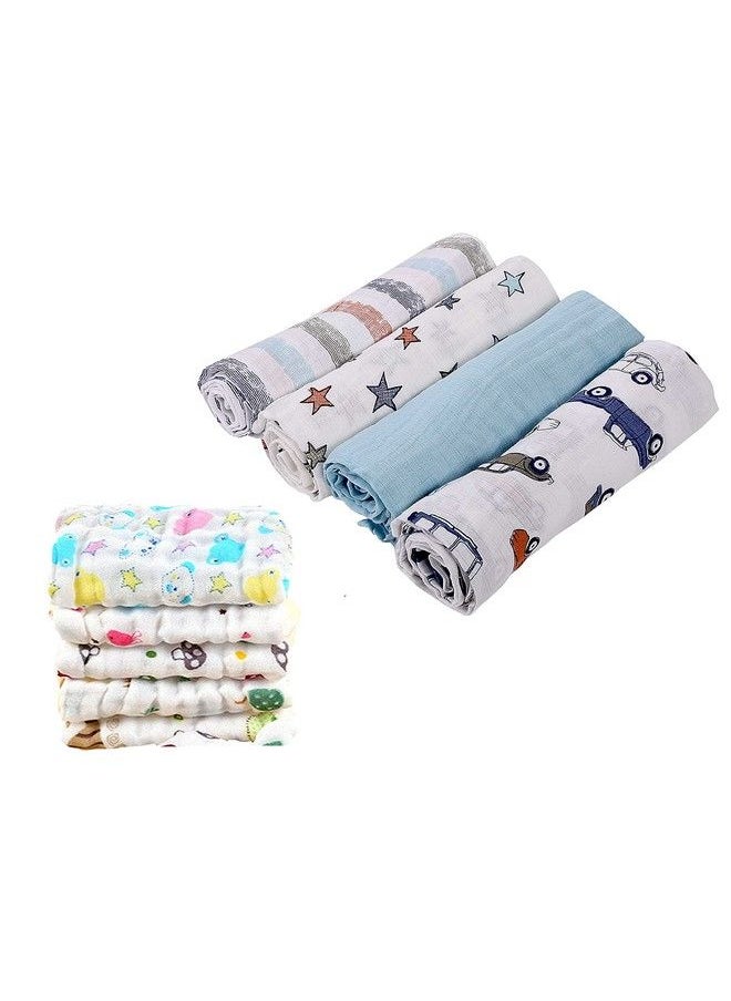 MOM'S HOME Organic Muslin New Born Baby Gift Set Blue White 9 Items Pack Of 4 Muslin Swaddle Pack Of 5 Muslin Napkin  - Image 1