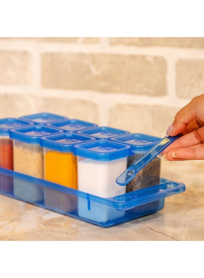 Gluman Gluman Plastic Masala Container Set With Organiser Tray And Spoon|Spice Organiser With Pre-Printed Sticker Labels|100% Food Grade|Dishwasher Safe|Freezer Safe|Microwave Safe|Reusable (Blue) - Image 2