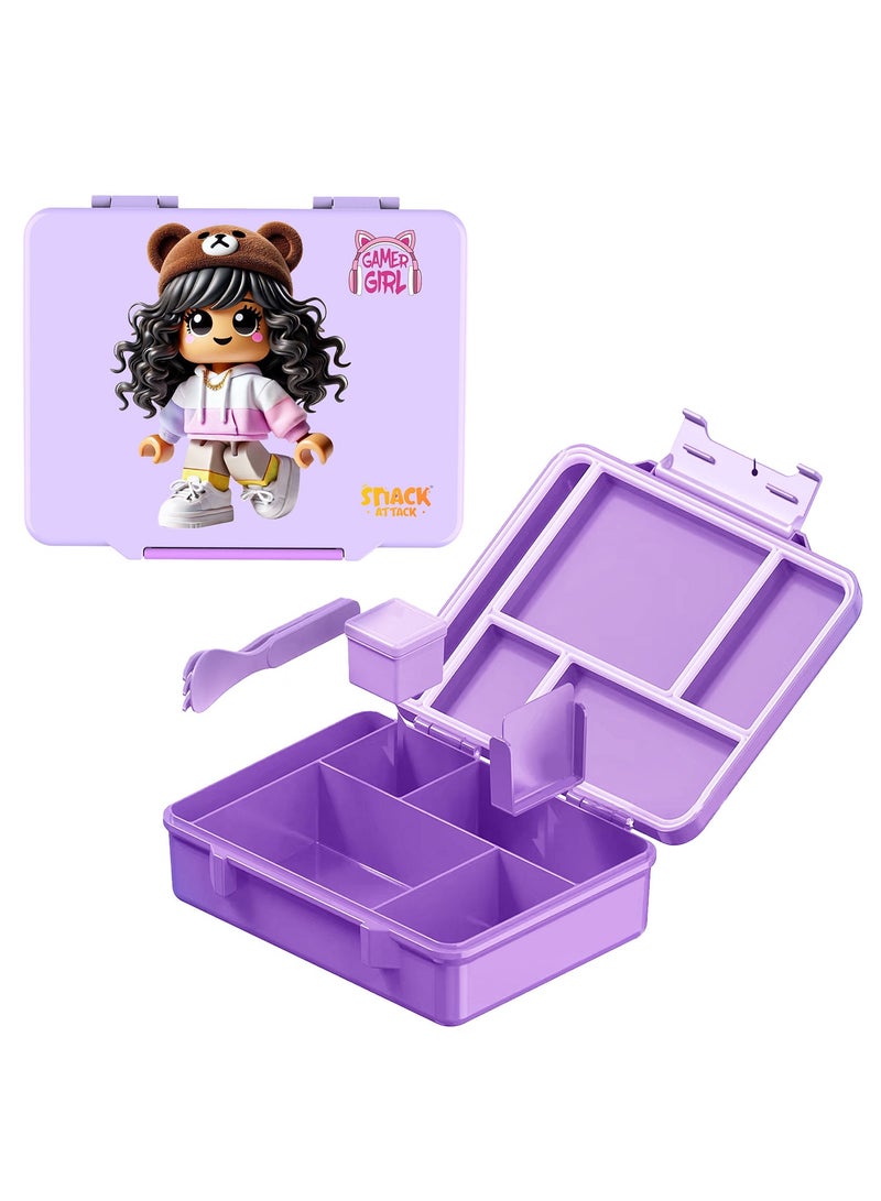 Snack attack صندوق غداء بنتو لفتاة الألعاب - صندوق غداء مقاوم للتسرب بـ 6 أقسام مع ملعقة وشوكة وحاوية غمس - صينية قابلة للتحويل، مادة غذائية خالية من BPA - بنفسجي - Image 1