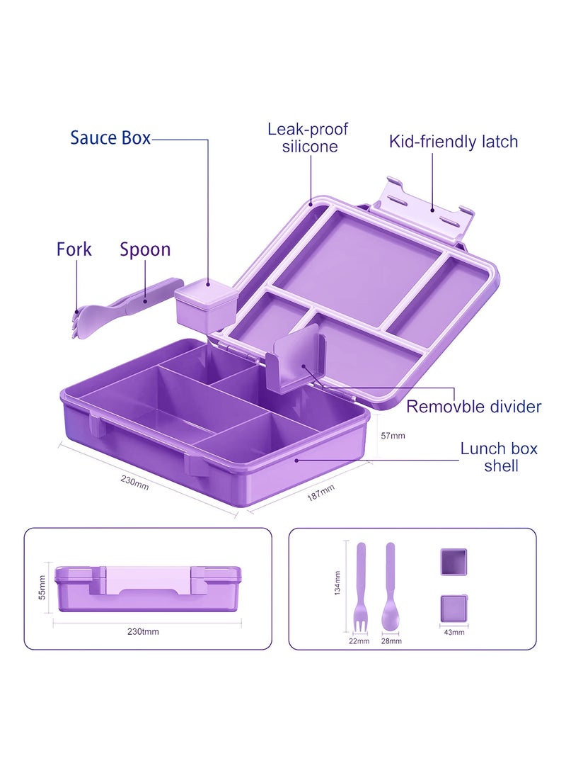 Snack attack صندوق غداء بنتو لفتاة الألعاب - صندوق غداء مقاوم للتسرب بـ 6 أقسام مع ملعقة وشوكة وحاوية غمس - صينية قابلة للتحويل، مادة غذائية خالية من BPA - بنفسجي - Image 3