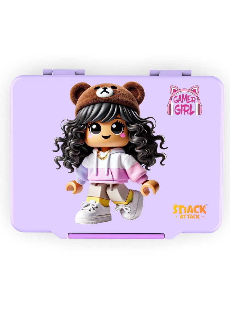 Snack attack صندوق غداء بنتو لفتاة الألعاب - صندوق غداء مقاوم للتسرب بـ 6 أقسام مع ملعقة وشوكة وحاوية غمس - صينية قابلة للتحويل، مادة غذائية خالية من BPA - بنفسجي - Image 5