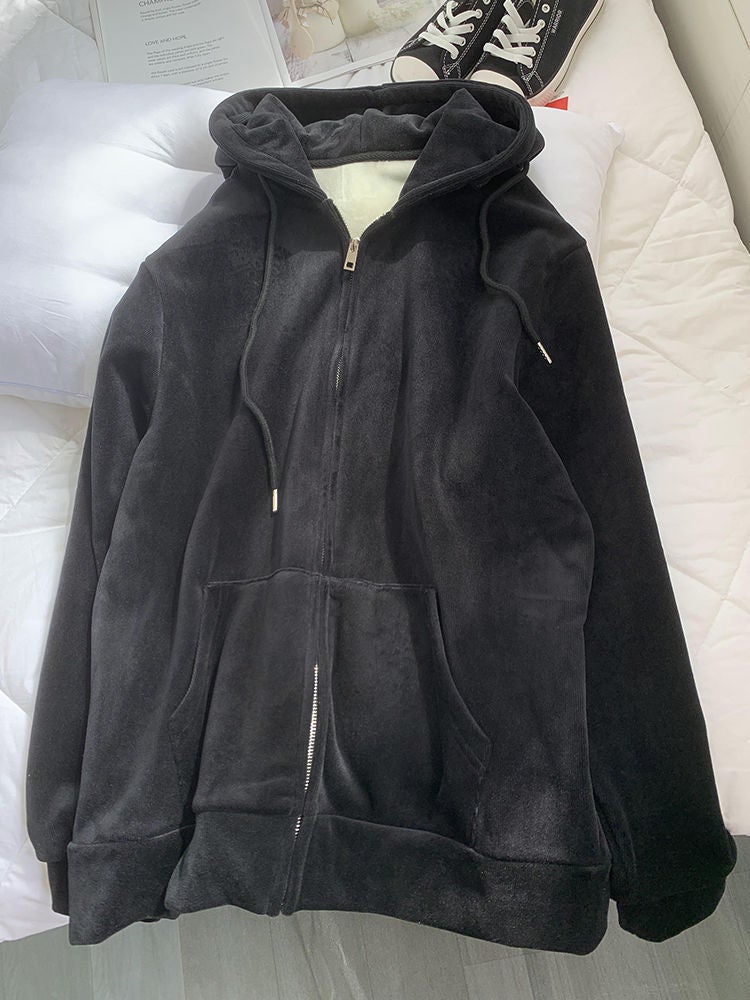 Thick Fleece Hoodie Women Casual Zip-up Pink Sweatshirt Taro Purple - Image 4