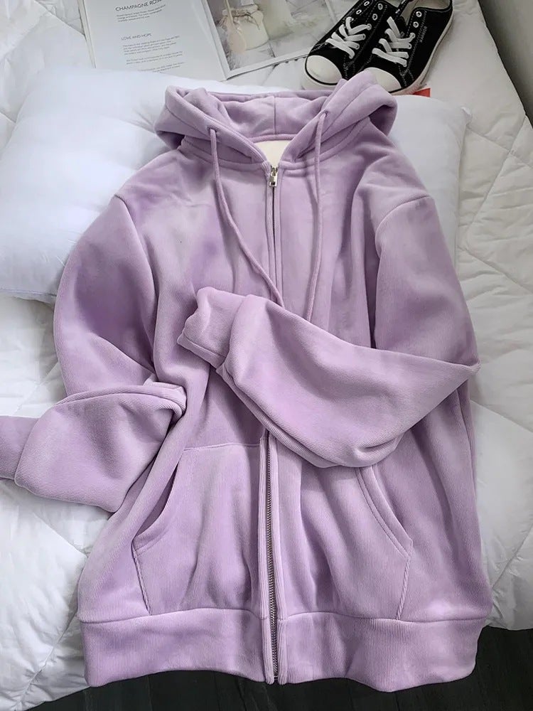Thick Fleece Hoodie Women Casual Zip-up Pink Sweatshirt Taro Purple - Image 1
