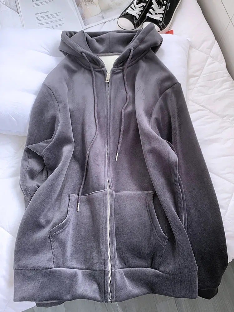Thick Fleece Hoodie Women Casual Zip-up Pink Sweatshirt Taro Purple - Image 3