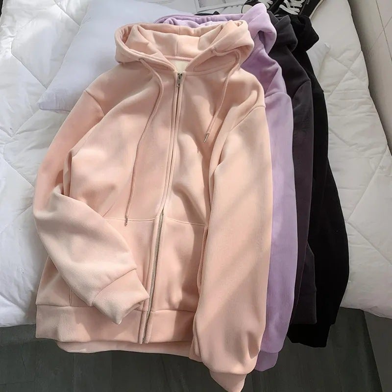 Thick Fleece Hoodie Women Casual Zip-up Pink Sweatshirt Taro Purple - Image 5