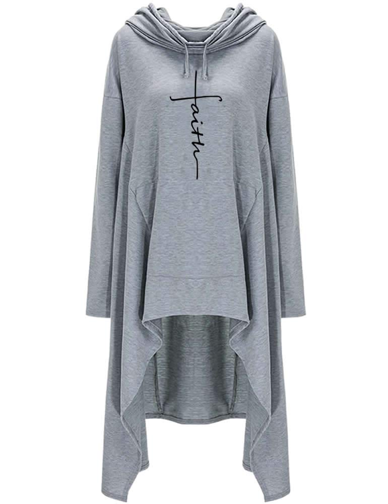 Rfecccy Faith Print Long Sleeve Loose Casual Pullovers Irregular Hem Long Hoodies for Women Grey - Image 2