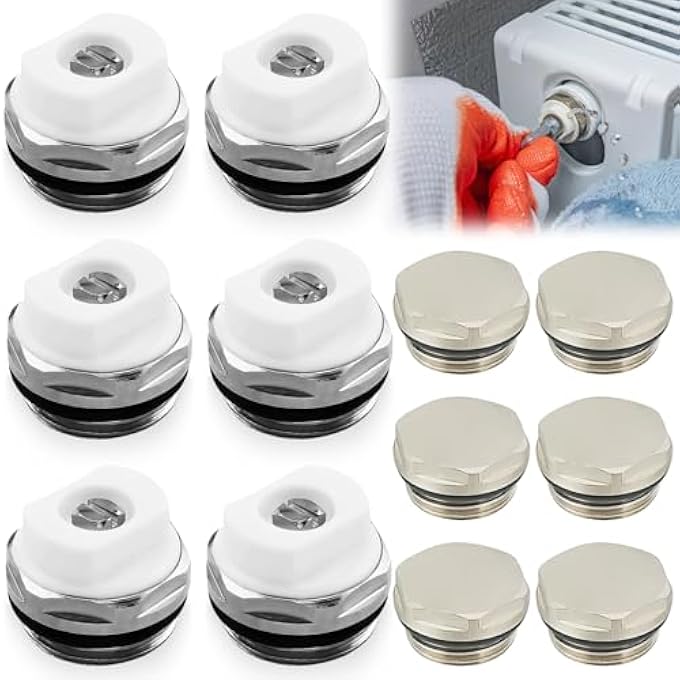 PACK OF 6 HEATING BLEED VALVES AND 6 BLANKING PLUGS FOR RADIATORS, SEALING 1/2 INCH RADIATOR BLEED VALVES, QUICK INSTALLATION - Image 1