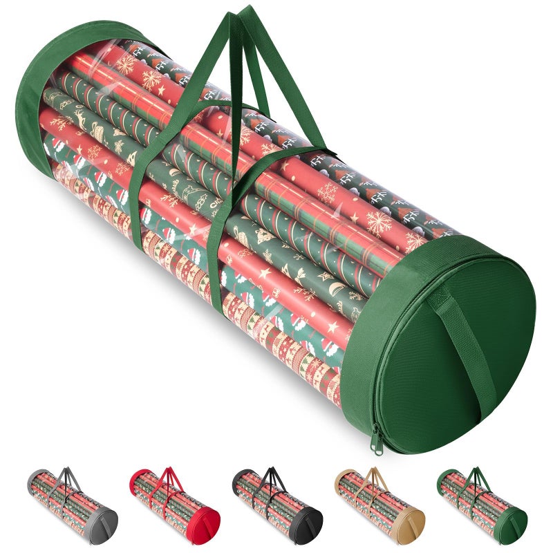 BALEINE Christmas Wrapping Paper Organizer Storage, 41" Gift Wrapping Paper Storage Containers, Clear PVC with Durable 600D Oxford Fabric Gift Wrap Paper Holder Fits 18-25 Rolls, Green - Image 1
