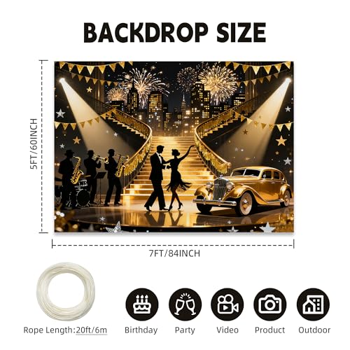 Dormirpilow The Great Gatsby Backdrop 7x5FT, Roaring 20s Party Decorations, 1920s Speakeasy Party Backdrops, Black Gold Vintage Dance Photography Background for Birthday Wedding Photo Booth Props (Gold) - Image 2