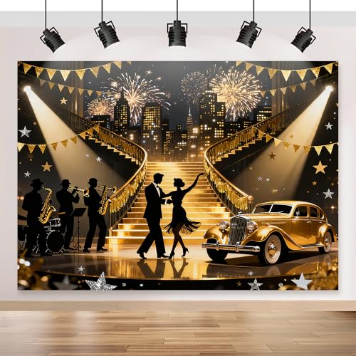 Dormirpilow The Great Gatsby Backdrop 7x5FT, Roaring 20s Party Decorations, 1920s Speakeasy Party Backdrops, Black Gold Vintage Dance Photography Background for Birthday Wedding Photo Booth Props (Gold) - Image 1