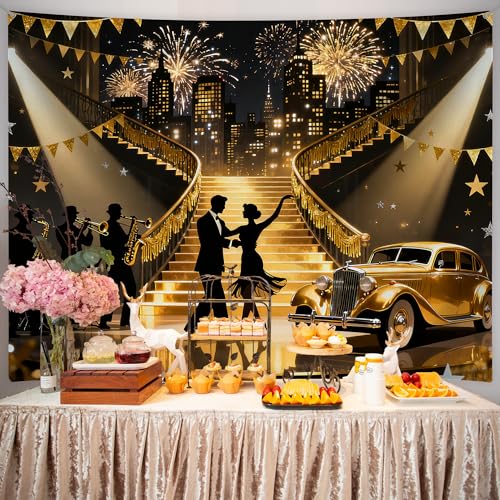 Dormirpilow The Great Gatsby Backdrop 7x5FT, Roaring 20s Party Decorations, 1920s Speakeasy Party Backdrops, Black Gold Vintage Dance Photography Background for Birthday Wedding Photo Booth Props (Gold) - Image 5