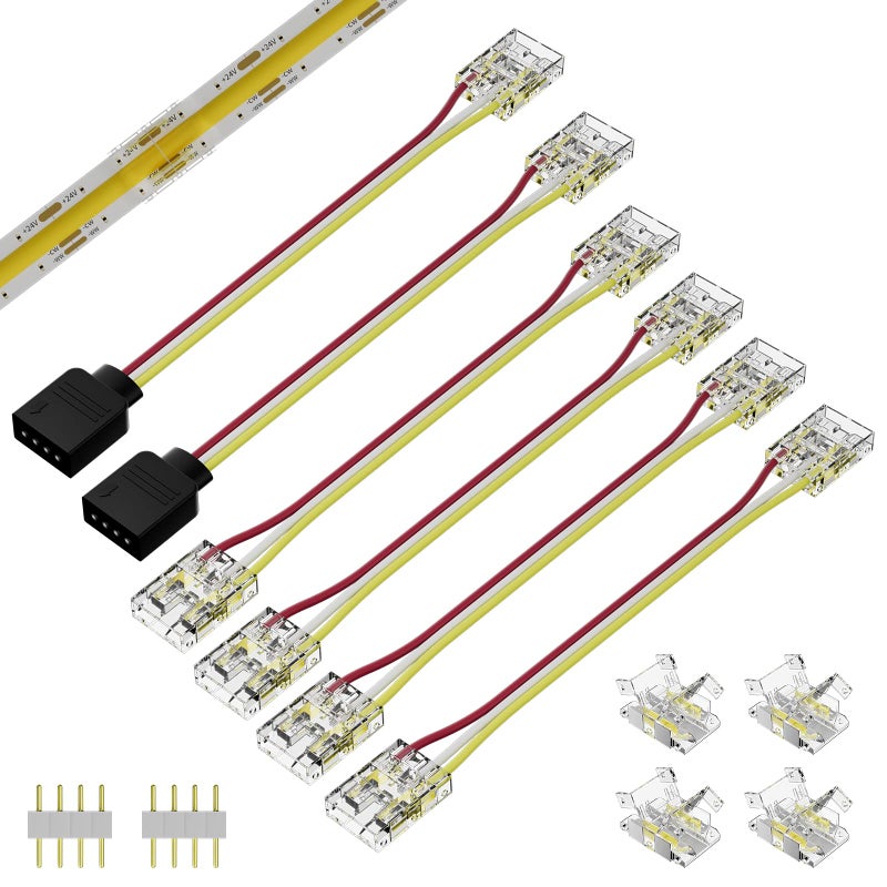 PAUTIX 10mm Connectors for CCT COB LED Strip Light 3 Pin Solderless Terminal Extension Connection Kit,4pcs Dual End Extension Connectors,2pcs Strip to DC Plug Extension Wire,4pcs Gapless Connectors - Image 1