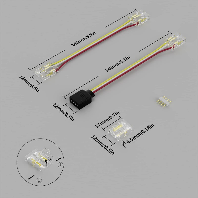 PAUTIX 10mm Connectors for CCT COB LED Strip Light 3 Pin Solderless Terminal Extension Connection Kit,4pcs Dual End Extension Connectors,2pcs Strip to DC Plug Extension Wire,4pcs Gapless Connectors - Image 3