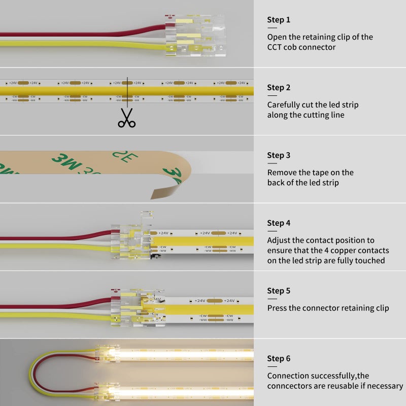 PAUTIX 10mm Connectors for CCT COB LED Strip Light 3 Pin Solderless Terminal Extension Connection Kit,4pcs Dual End Extension Connectors,2pcs Strip to DC Plug Extension Wire,4pcs Gapless Connectors - Image 5