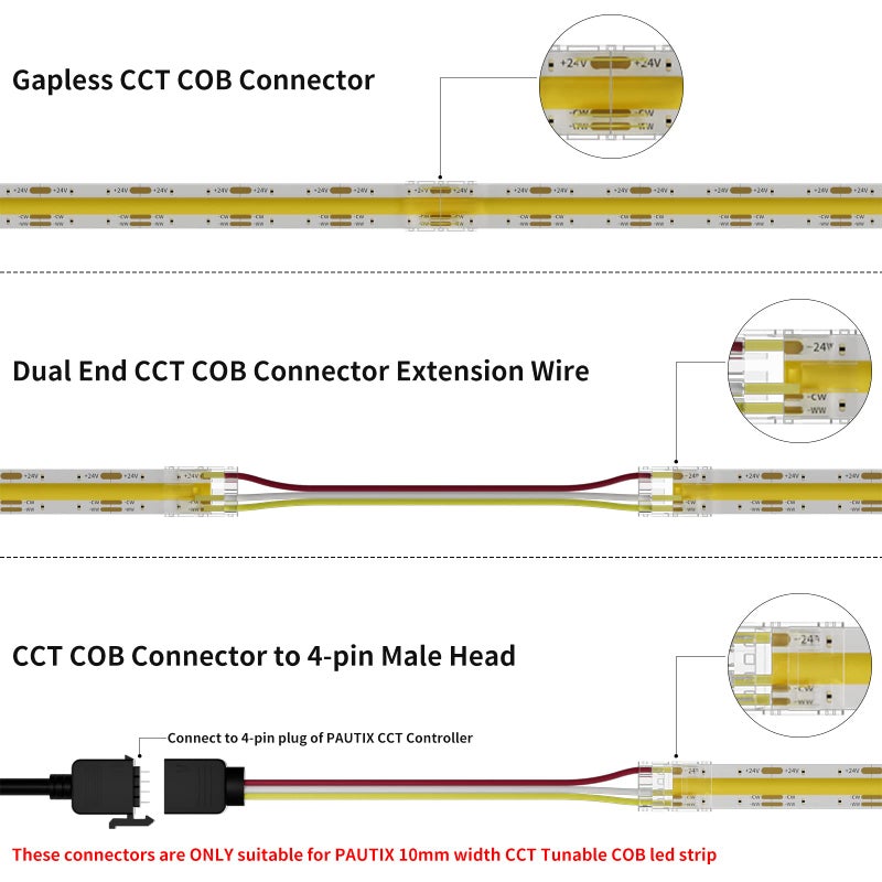 PAUTIX 10mm Connectors for CCT COB LED Strip Light 3 Pin Solderless Terminal Extension Connection Kit,4pcs Dual End Extension Connectors,2pcs Strip to DC Plug Extension Wire,4pcs Gapless Connectors - Image 2