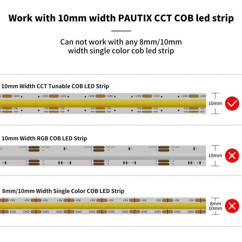 PAUTIX 10mm Connectors for CCT COB LED Strip Light 3 Pin Solderless Terminal Extension Connection Kit,4pcs Dual End Extension Connectors,2pcs Strip to DC Plug Extension Wire,4pcs Gapless Connectors - Image 4