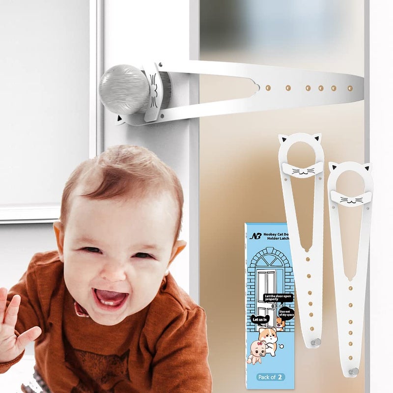 Neobay Adjustable Child Proof Door Lock, Easy Way for Baby Proof Litter Box While Keep Door Prop Open for Cats, Economical Alternative of Pet Gates and Interior Cat Door, White, 2 Packs - Image 1