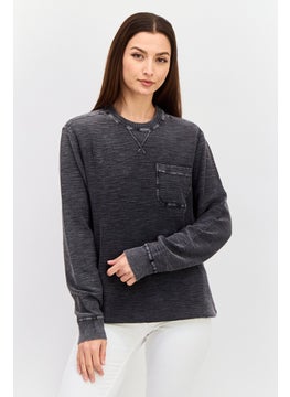 Women Crew Neck Textured Sweatshirts, Vintage Black