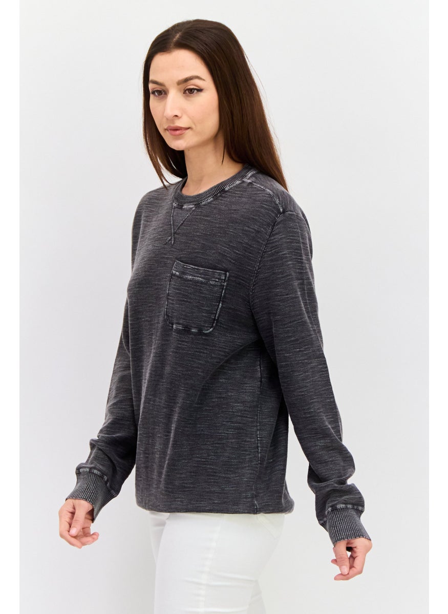 TRUE GRIT - Women Crew Neck Textured Sweatshirts, Vintage Black - Image 1
