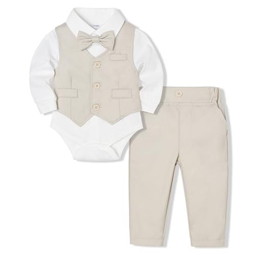 Juivesia Baby Boy Suit Set Infant Tuxedo Formal Outfit Shirt Vest Pants Bow Tie Wedding Baptism Birthday Party Light Beige 36 Months - Image 1