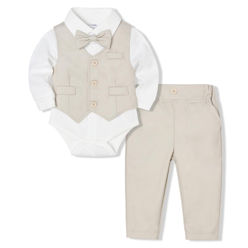Juivesia Baby Boy Suit Set Infant Tuxedo Formal Outfit Shirt Vest Pants Bow Tie Wedding Baptism Birthday Party Light Beige 36 Months - Image 2