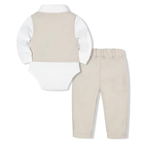 Juivesia Baby Boy Suit Set Infant Tuxedo Formal Outfit Shirt Vest Pants Bow Tie Wedding Baptism Birthday Party Light Beige 36 Months - Image 3