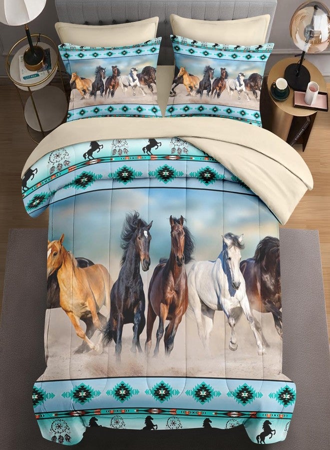 WeCozy 7 Pcs Queen Size Comforter Set with 2 Pillowcases & 2 Shams, Horses Desert Animal Bedding for Kids and Adults, Tribal Farm Sunset Run Bed in a Bag with Flat Fitted Sheet - Image 1