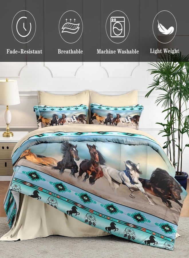 WeCozy 7 Pcs Queen Size Comforter Set with 2 Pillowcases & 2 Shams, Horses Desert Animal Bedding for Kids and Adults, Tribal Farm Sunset Run Bed in a Bag with Flat Fitted Sheet - Image 4