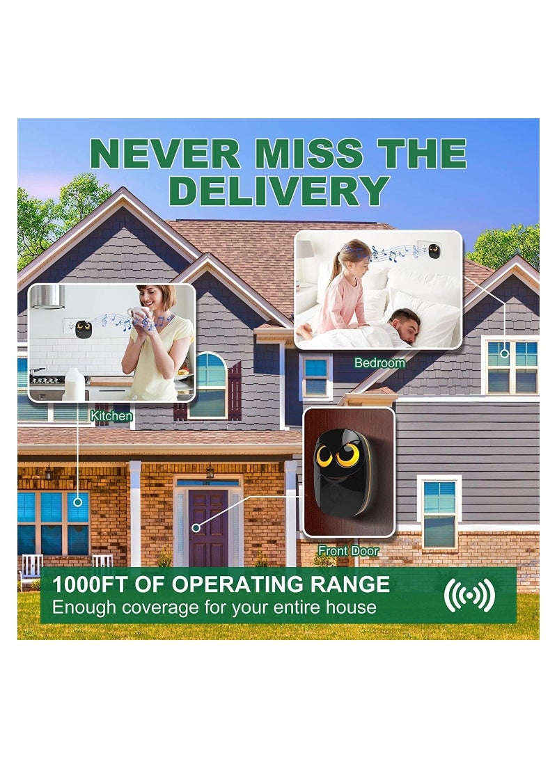 Cute Owl Wireless Doorbell, Weatherproof Wireless Doorbells with LED Flash for Home, 1000 Feet Long Wireless Range, Easy Installation, 1 Receivers + 1 Transmitters, Black - Image 5