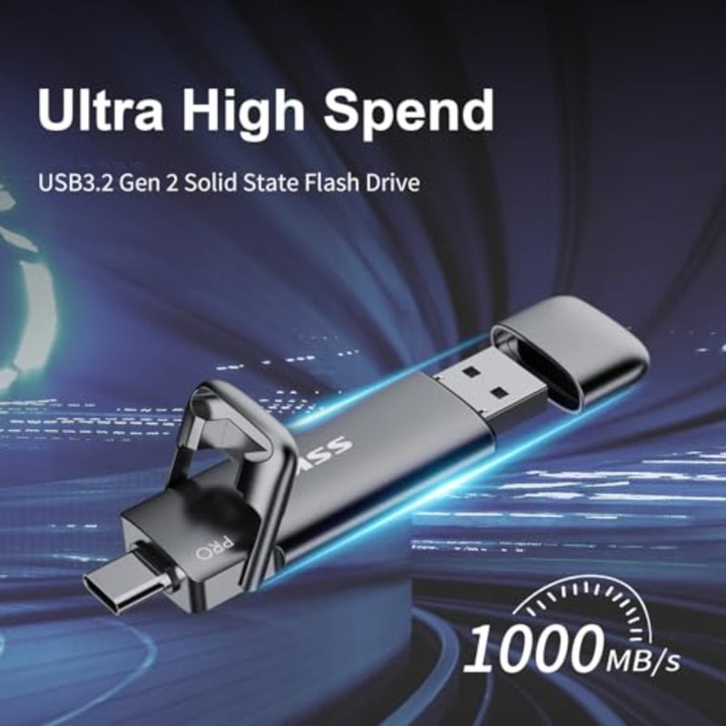 محرك أقراص فلاش SSD USB خارجي لجهاز iPhone 15/16/17 Android: سبائك الزنك، أسود، بسرعة تصل إلى 1000 ميجابايت/ثانية، USB-C+A 3.2، OTG، 4K60 هرتز ProRes HDR، رأس مزدوج 2 في 1 - Image 2