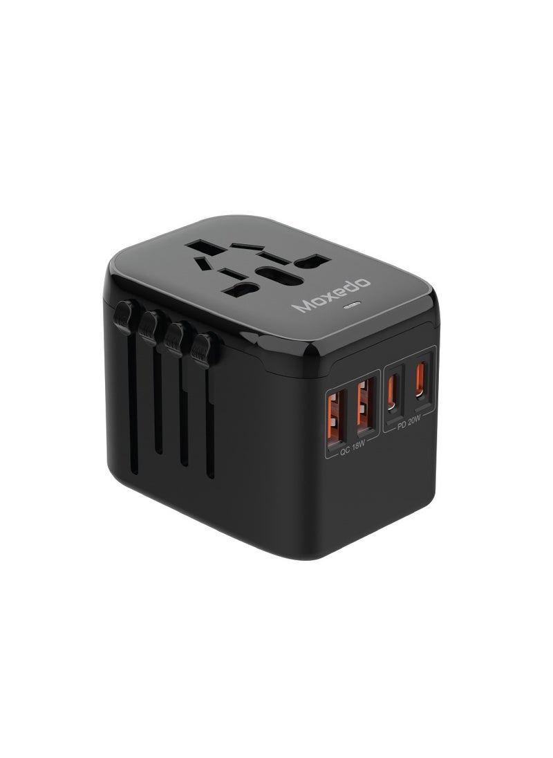 Moxedo Moxedo 20W Universal Travel Adapter AC Outlet Wall Charger with Ultra-Fast 2 USB-C / 2 USB-A / 1 AC Outlet PD 3.0 for UK EU US AU All Countries - Black 