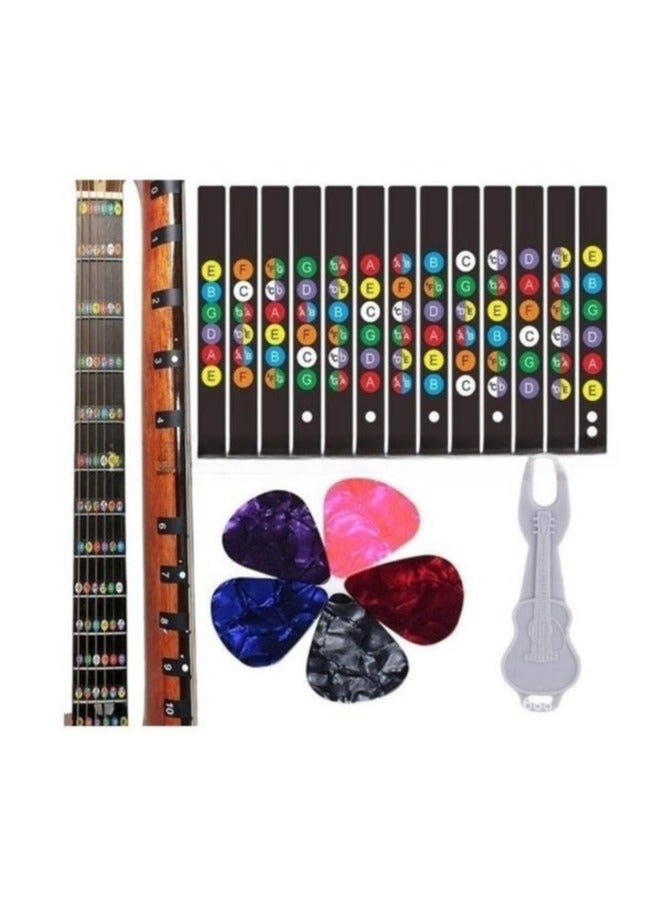 Guitar Fretboard Stickers, Color-Coded Note Decals for 6-String Acoustic & Electric Guitars, 5 Picks & Bridge Pin Puller, Beginner Practice Tool
