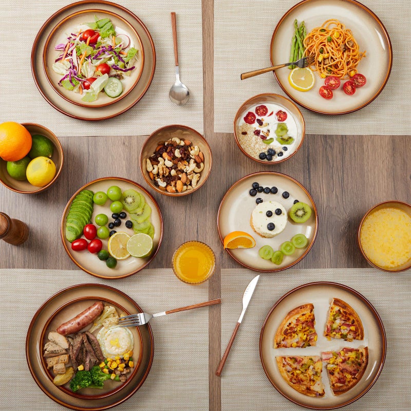 Pokini Ceramic Dinnerware Sets for 6, 18 Pieces Stoneware Plates and Bowls Sets, Chip and Crack Resistant Dishes, Dishwasher & Microwave Safe Dishware Sets, Brown Yellow - Image 3