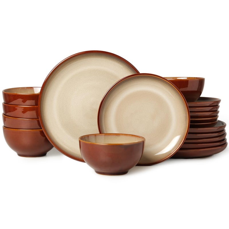 Pokini Ceramic Dinnerware Sets for 6, 18 Pieces Stoneware Plates and Bowls Sets, Chip and Crack Resistant Dishes, Dishwasher & Microwave Safe Dishware Sets, Brown Yellow - Image 1