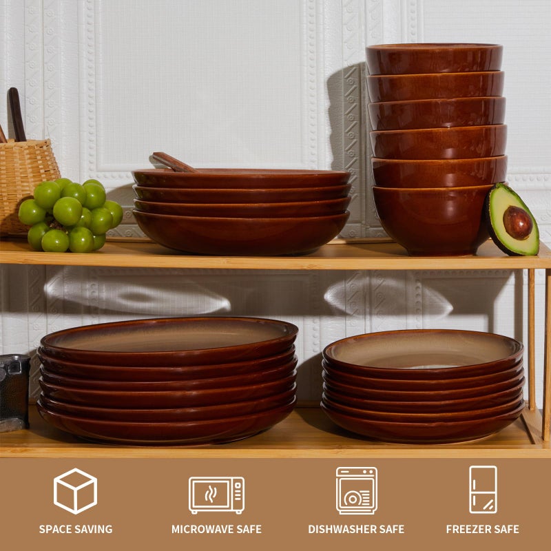 Pokini Ceramic Dinnerware Sets for 6, 18 Pieces Stoneware Plates and Bowls Sets, Chip and Crack Resistant Dishes, Dishwasher & Microwave Safe Dishware Sets, Brown Yellow - Image 5