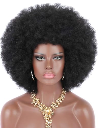 Kalyss Kinky Curly Afro Wig with Bangs 70s Afro Wigs for Black Women Glueless Wear and Bouncy Afros Wigs Natural Black,16 Inches - Image 1