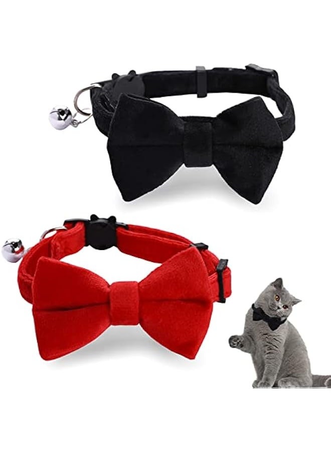 2 Pcs Velvet Cat Collar with Bell and Bowtie, Adjustable Breakaway Cat Collars Kitten Small Puppy Safety Bow Tie Solid Wedding Basic Color Cat Bow Tie Collar - Image 1