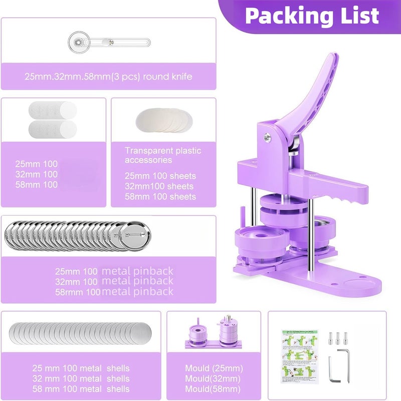 KOSIEJINN 300pcs Button Pin Maker Machine Multiple Sizes 1''+1.25''+2.25'' Badge Button Press Machine with Button Parts&Circle Cutter&Picture (Purple) - Image 4