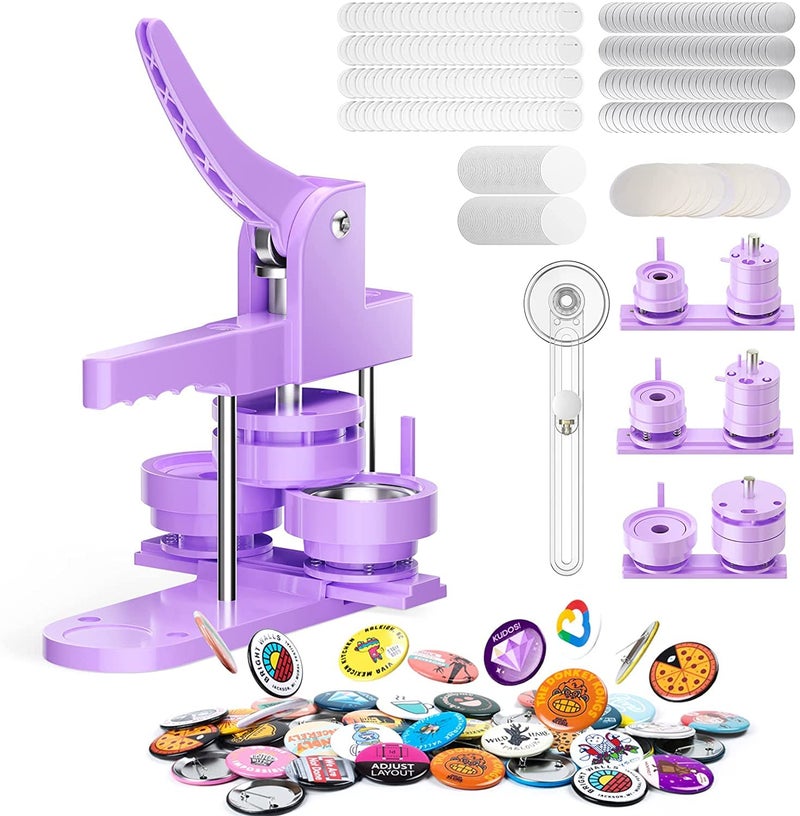 KOSIEJINN 300pcs Button Pin Maker Machine Multiple Sizes 1''+1.25''+2.25'' Badge Button Press Machine with Button Parts&Circle Cutter&Picture (Purple) - Image 1